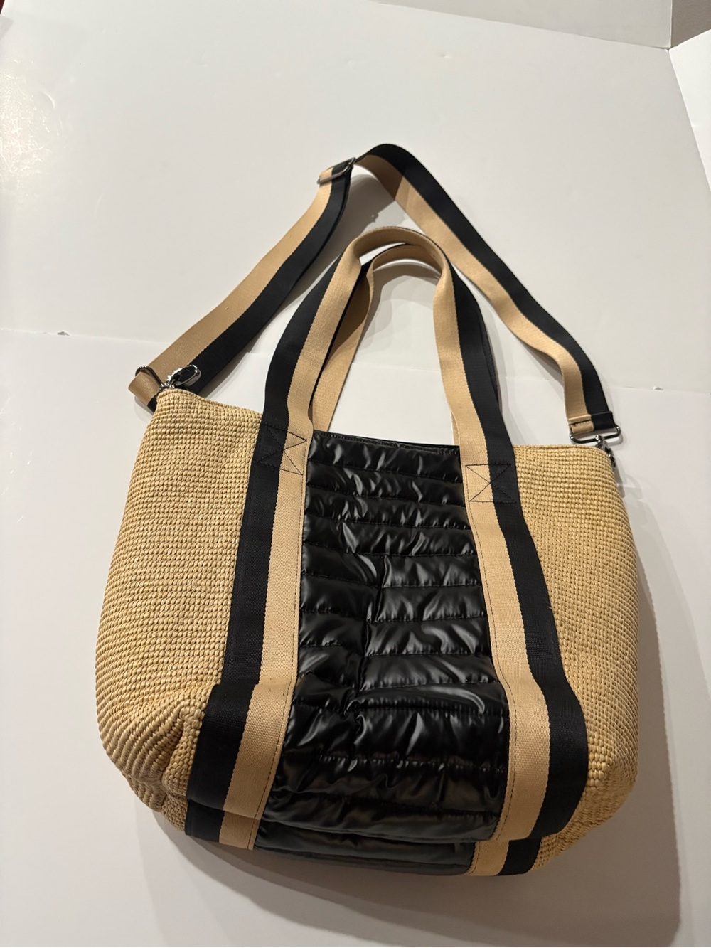 THINK ROYLN Beige and Black Quilted-Center Tote Bag, lots of pockets
